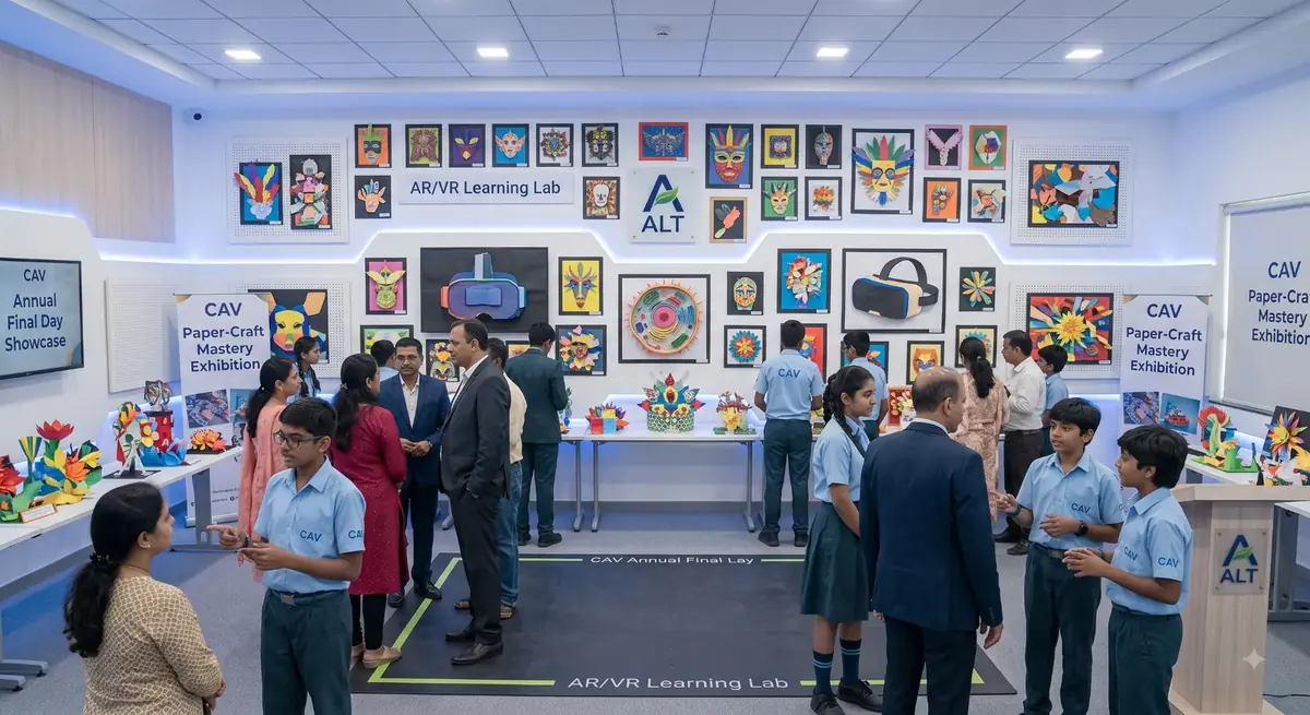 Exhibition wall of student paper-craft masks, flowers and VR headset artworks, with visitors speaking to students