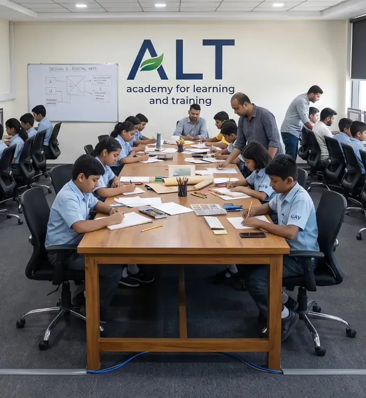 Students at ALT working at a shared table and at computers while a teacher guides them