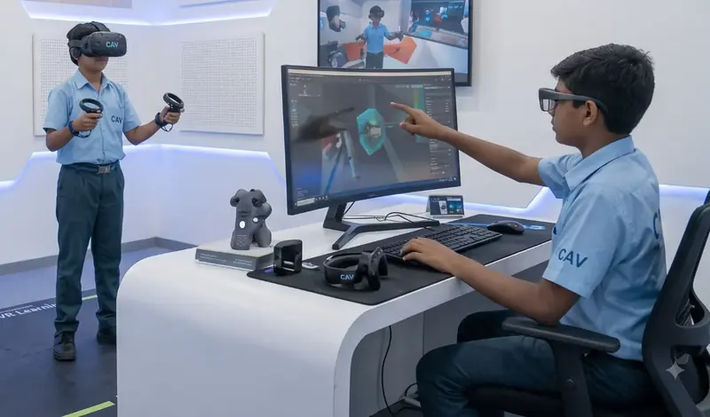 A student wearing a VR headset in the ALT AR/VR Learning Lab while another points at the screen