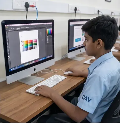 A student designing in colour palettes on a desktop computer