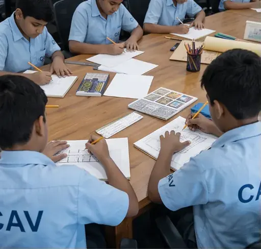 Students sketching designs on paper at a shared table