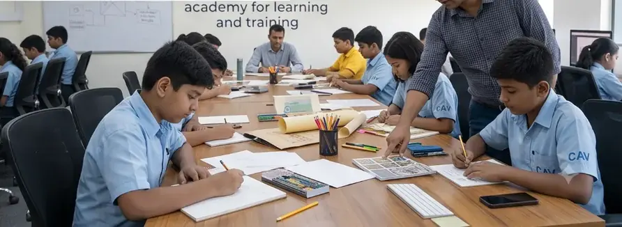 A teacher guiding a student through a drawing project
